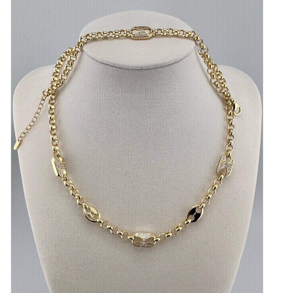 Gold Tone Pave Crystal Mariner Link Necklace and Bracelet Jewelry Set CM